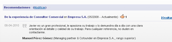 Recomendaciones publicadas en tu CV